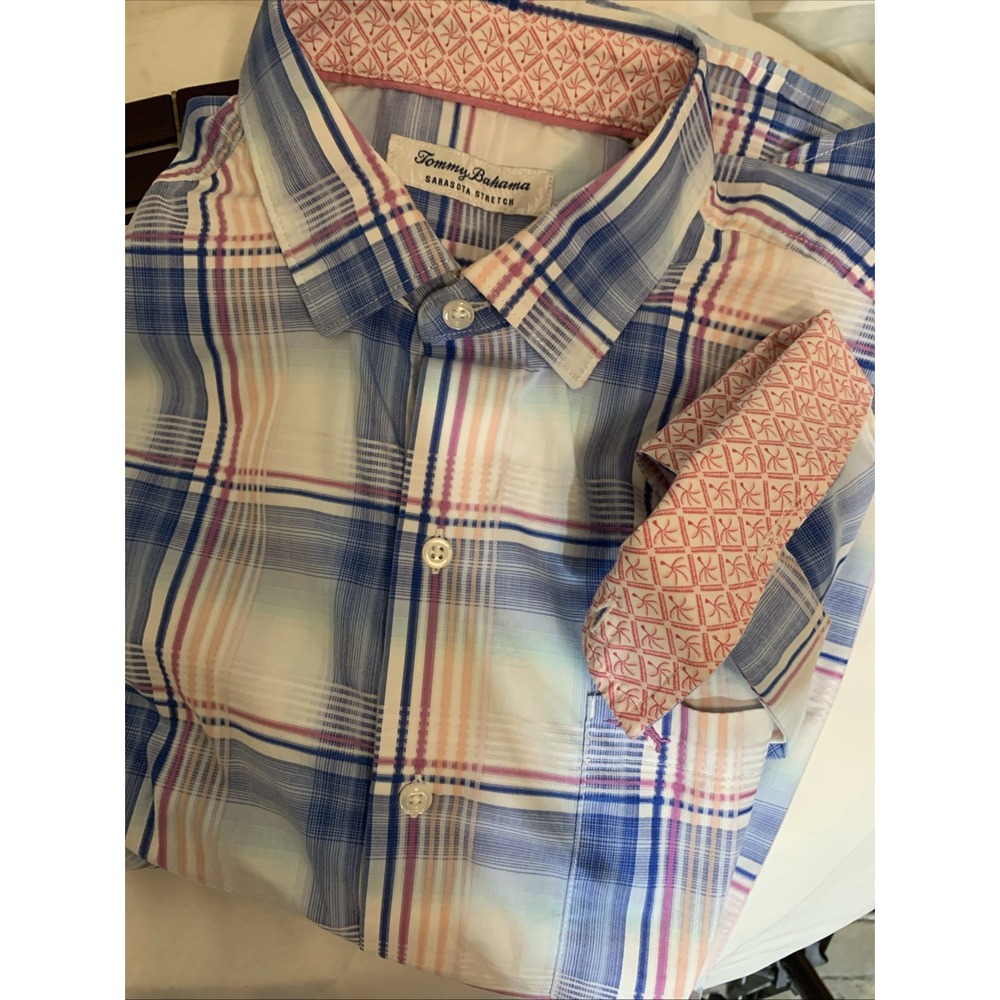 Tommy‎ Bahama Shirt Long Sleeve Sarasota Stretch Men's M Plaid Blue Pink Collar